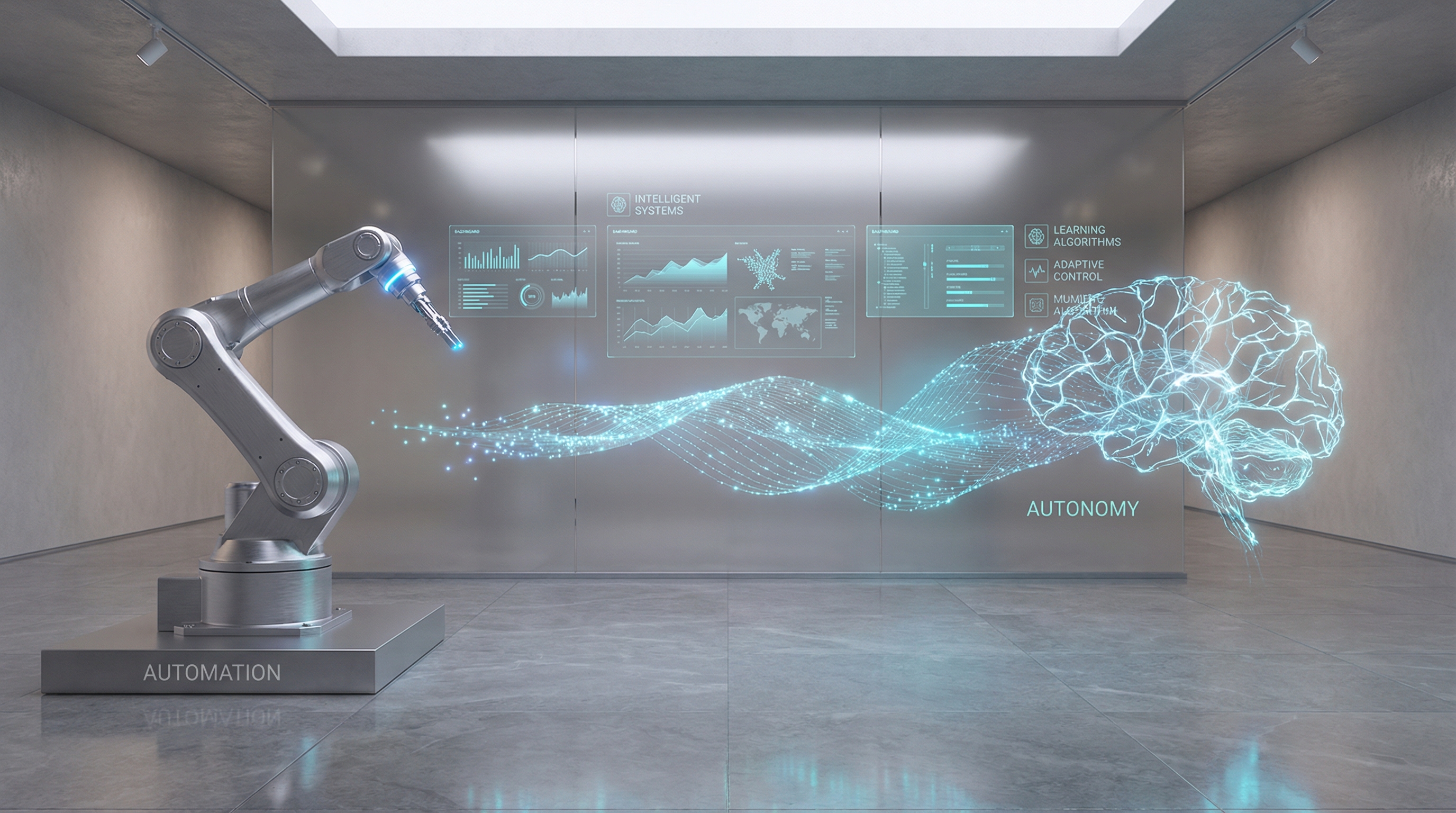 A rigid metallic linear structure morphing into a fluid, glowing sphere of neon violet and blue nodes. Set against a dark, glossy background, this abstract 3D render symbolizes the shift from static rules to dynamic autonomous intelligence.