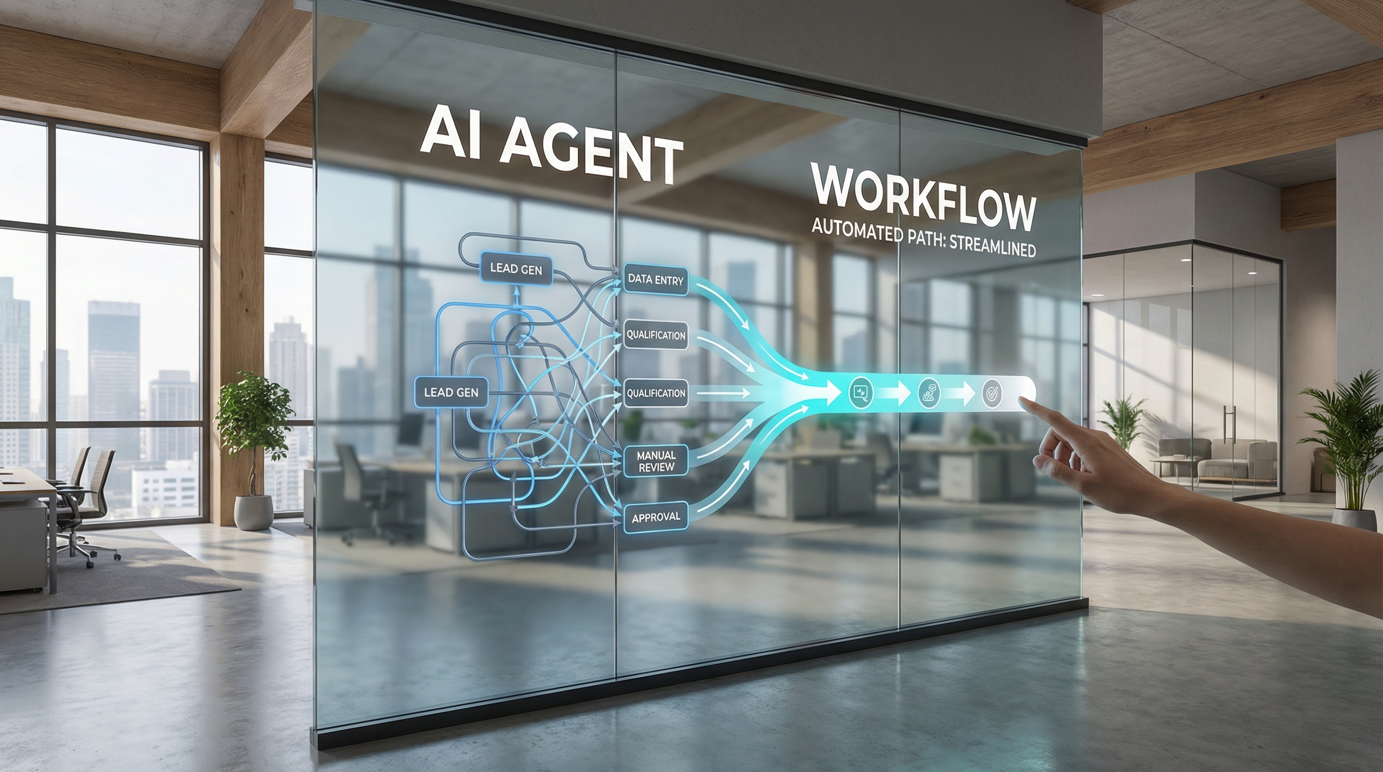 Floating translucent geometric shapes glowing with neon purple and blue gradients against a deep black void. Smooth light beams connect the forms, symbolizing data processing and hybrid workflow. Sleek, minimalist, high-gloss 3D abstract composition.