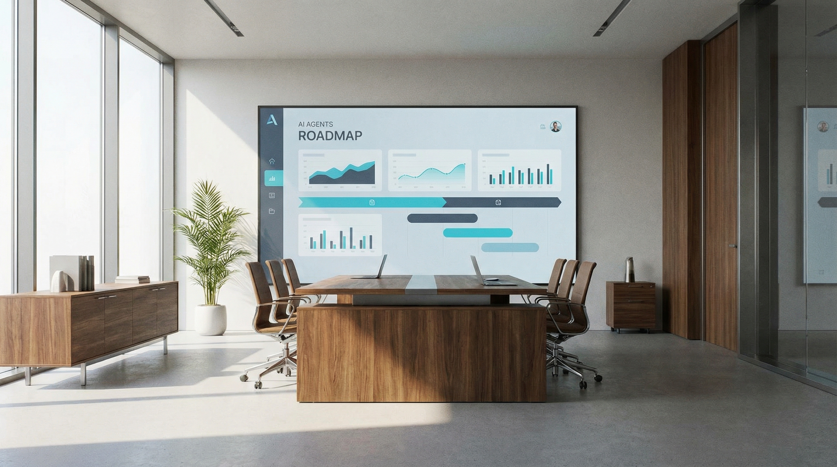 Three floating, translucent glass steps glowing with cyan and purple neon gradients in a dark void. A beam of light connects them upward to symbolize a strategic roadmap. Sleek, minimal, ultra-realistic 3D render.