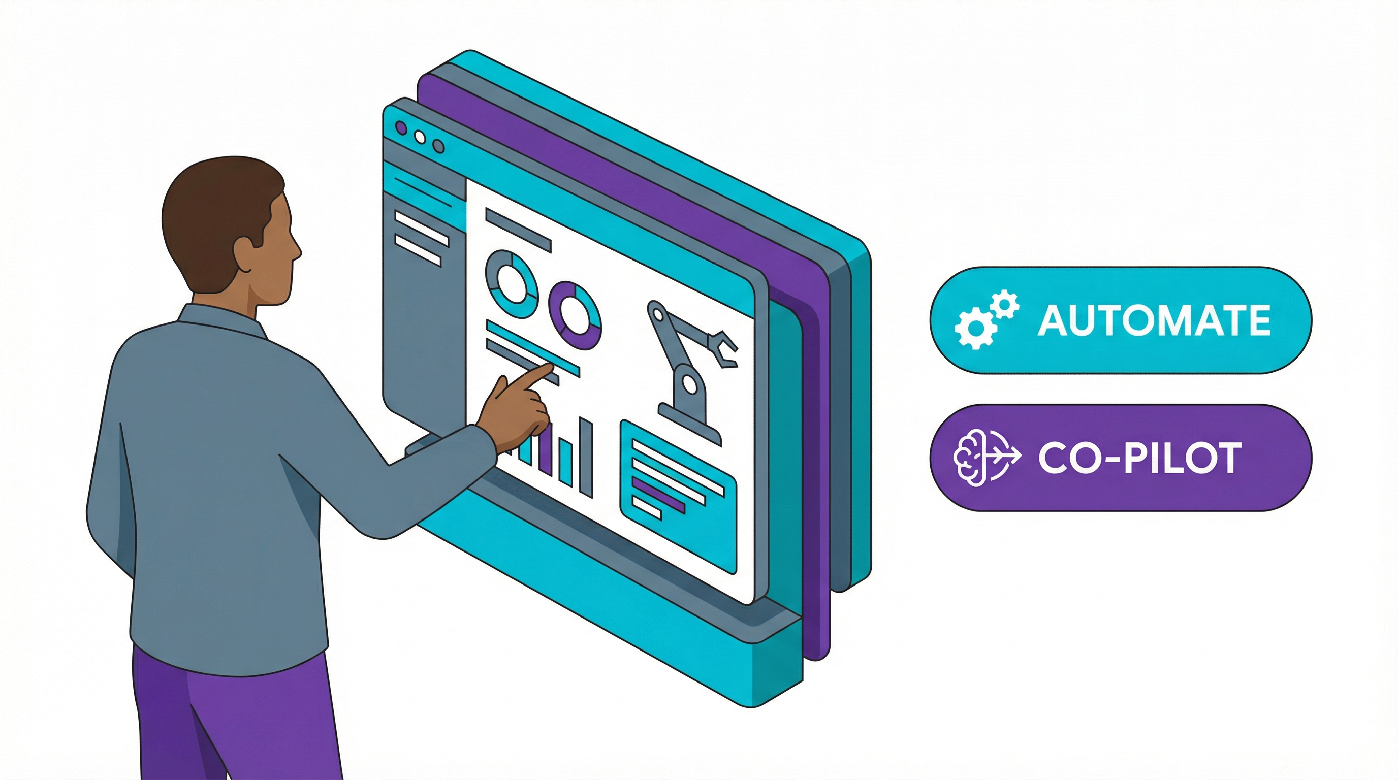 AI Automation in Business: An AI co-pilot augmenting a worker by automating daily tasks.