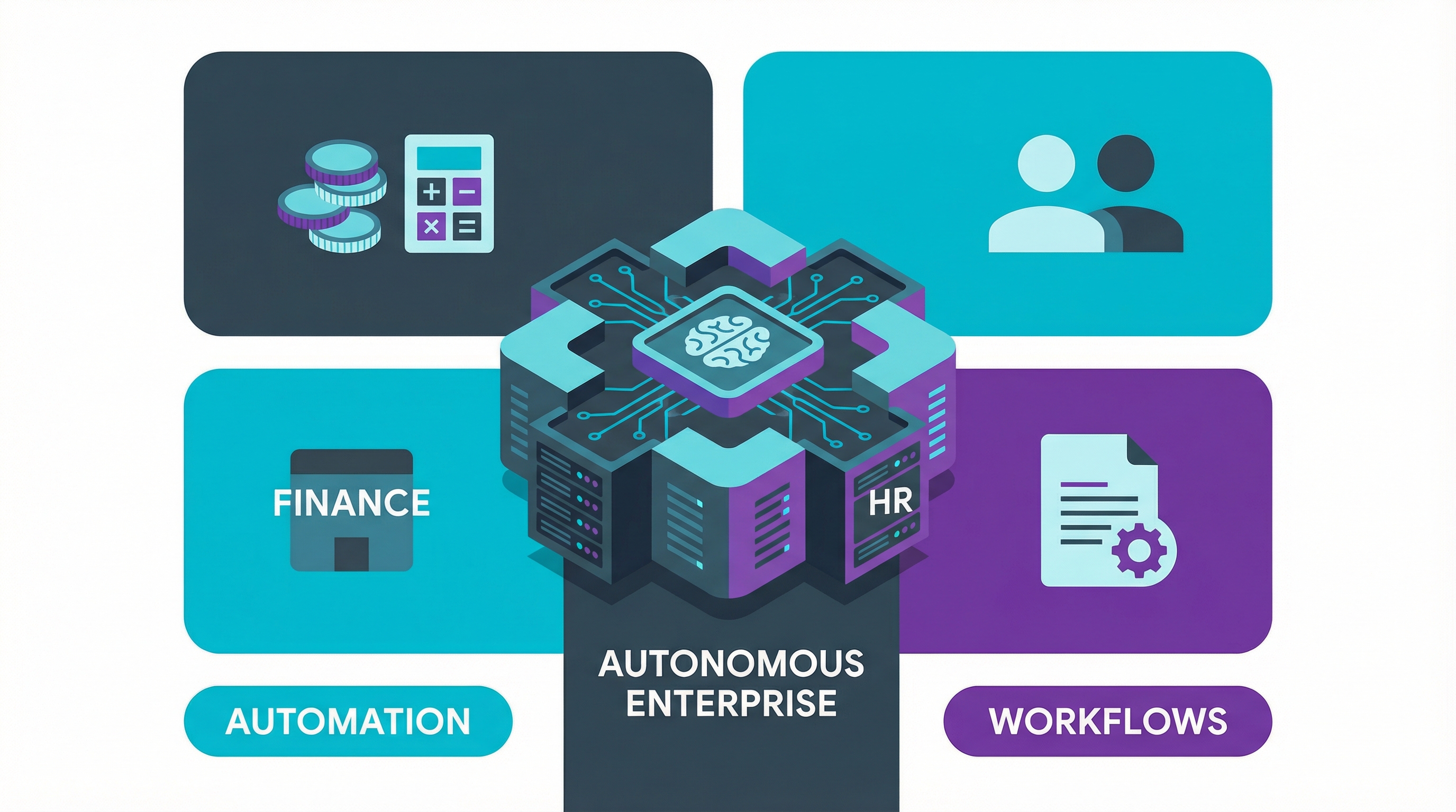 Autonomous enterprise back office powered by AI automation tools for streamlined administrative workflows.