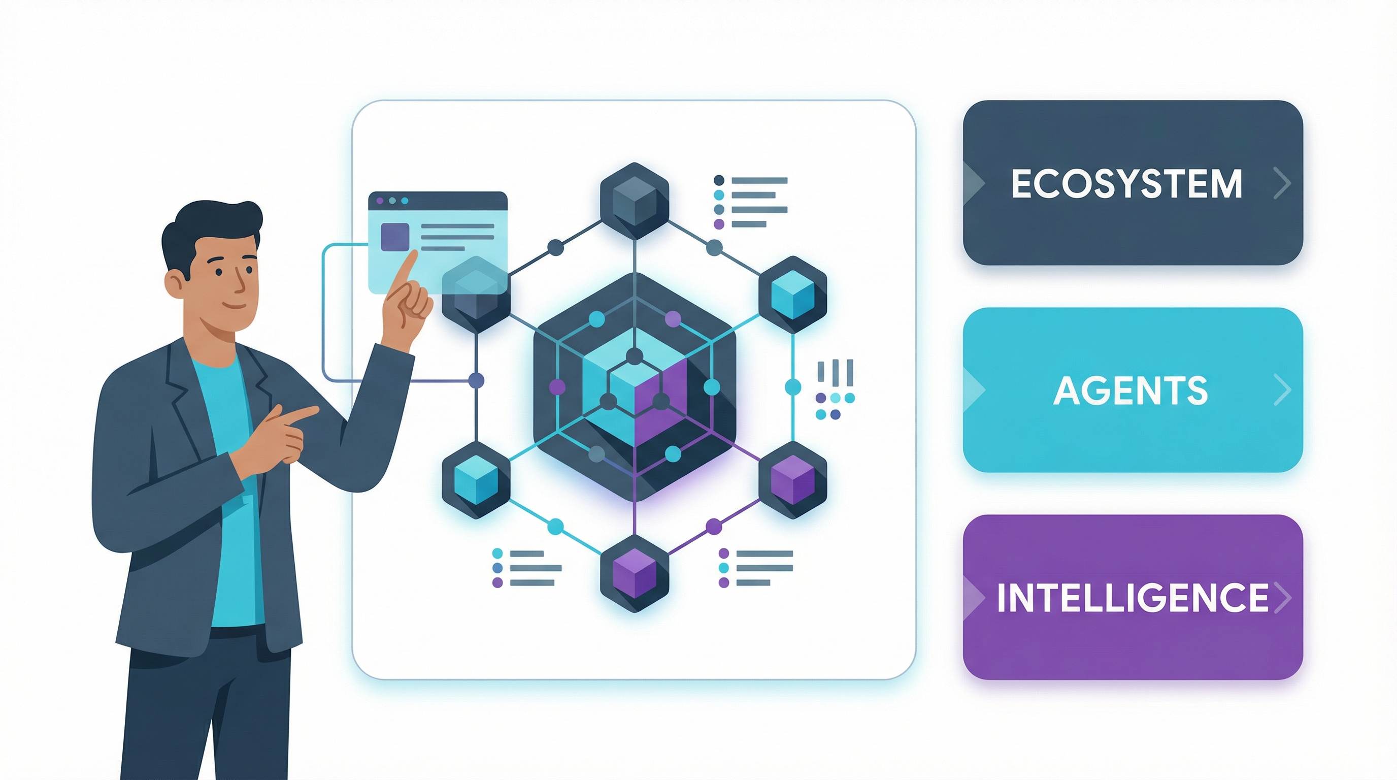 An abstract graphic of an AI ecosystem, showcasing the evolution of AI automation tools.