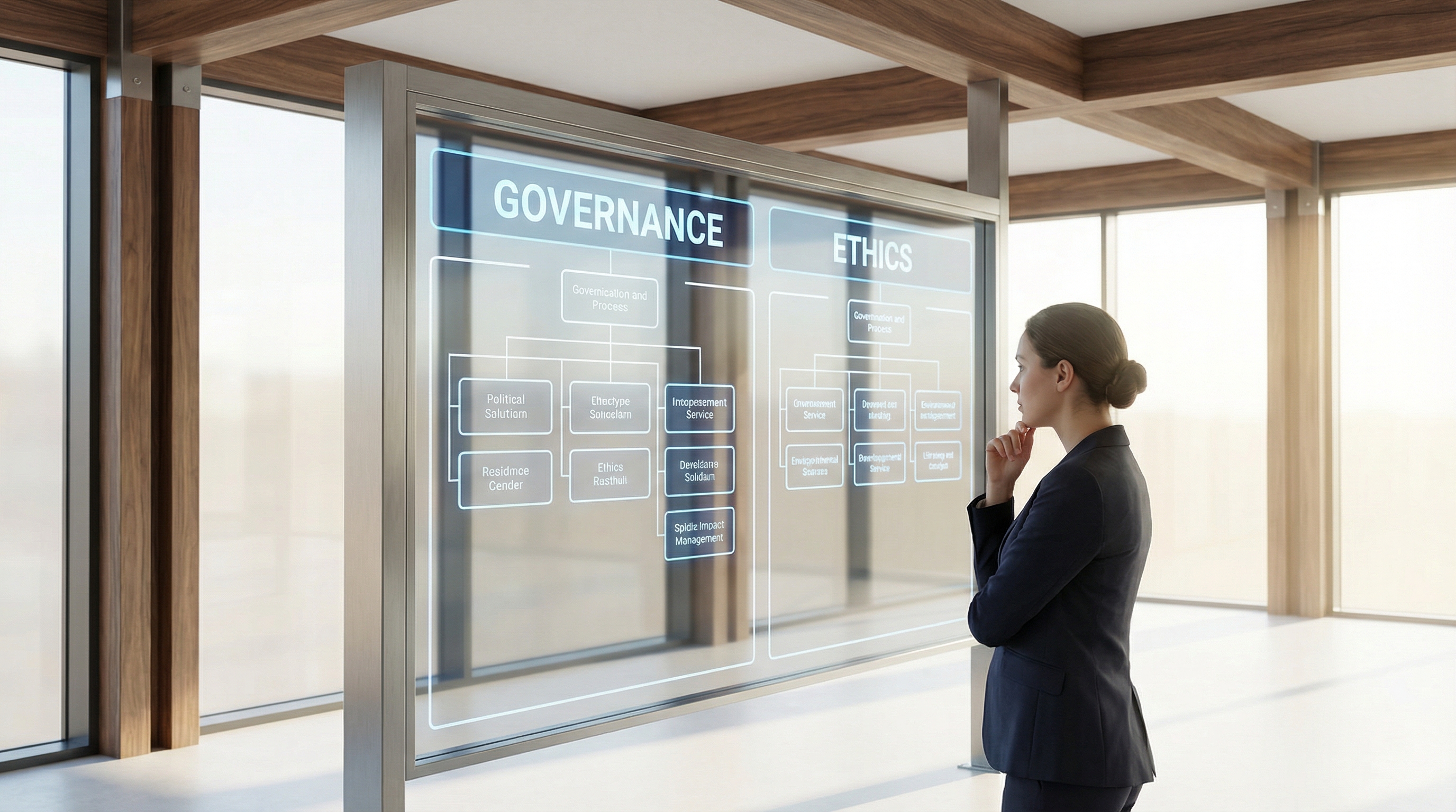 Floating geometric shapes arranged in a perfectly balanced structure, connected by glowing neon gradient beams set against a dark void. Sleek glass textures and cyber-blue lighting represent transparency, order, and ethical guardrails.