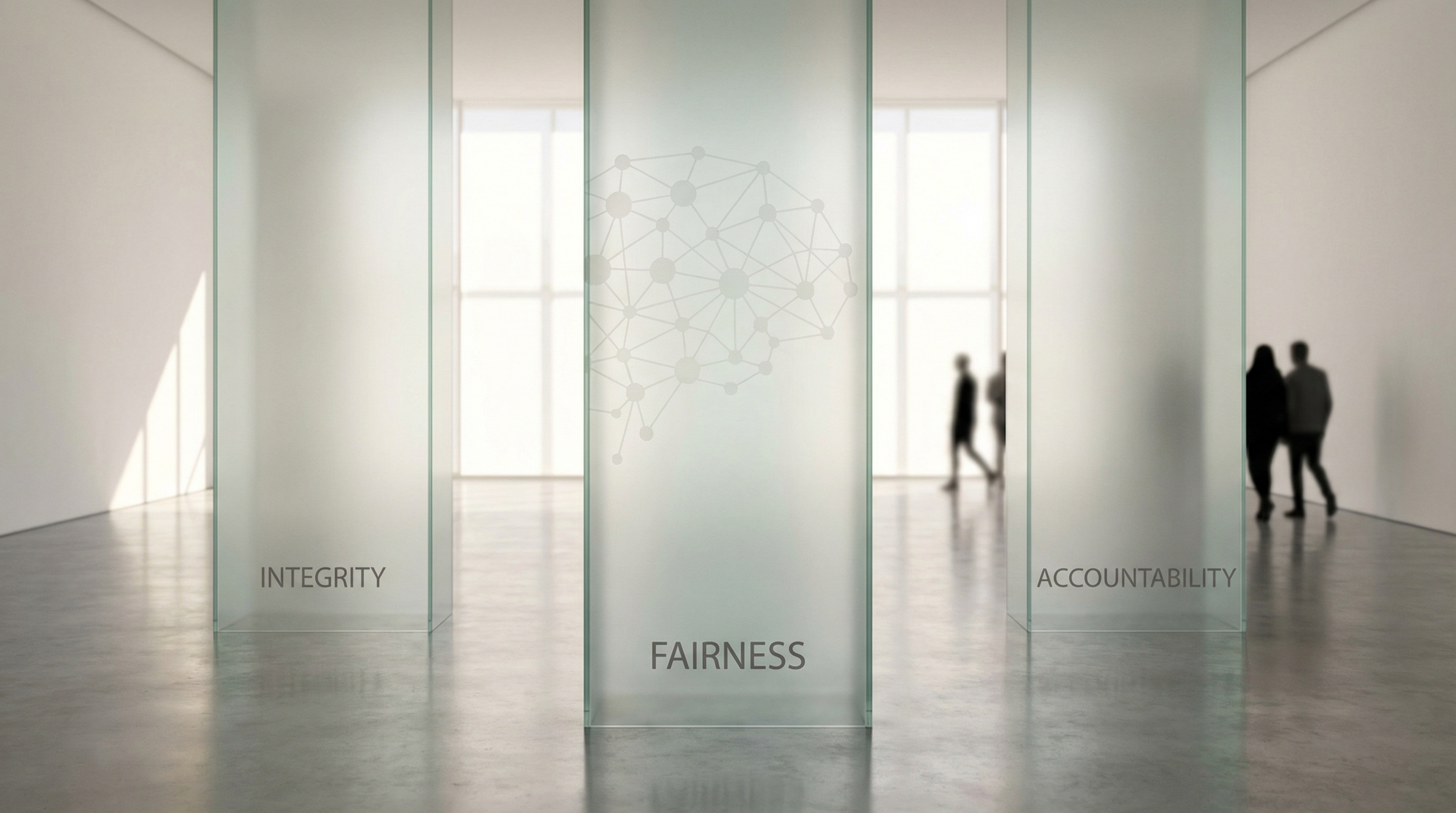 Four sleek, translucent pillars emitting cyan and violet neon gradients, surrounding a floating central geometric core. Set against a dark, void-like background with glossy reflections. Minimalist 3D render representing structural balance and security.