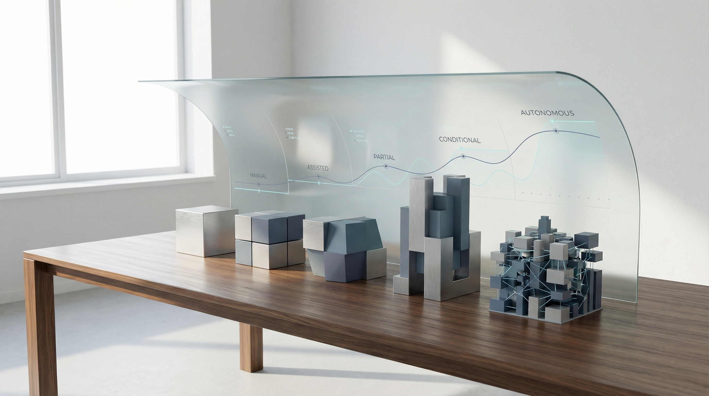 A 3D render showing a rigid, glowing blue grid morphing into a complex, fluid magenta neural network. Set against a deep black void, featuring glossy textures and neon gradients to represent the evolution from RPA to autonomous AI.