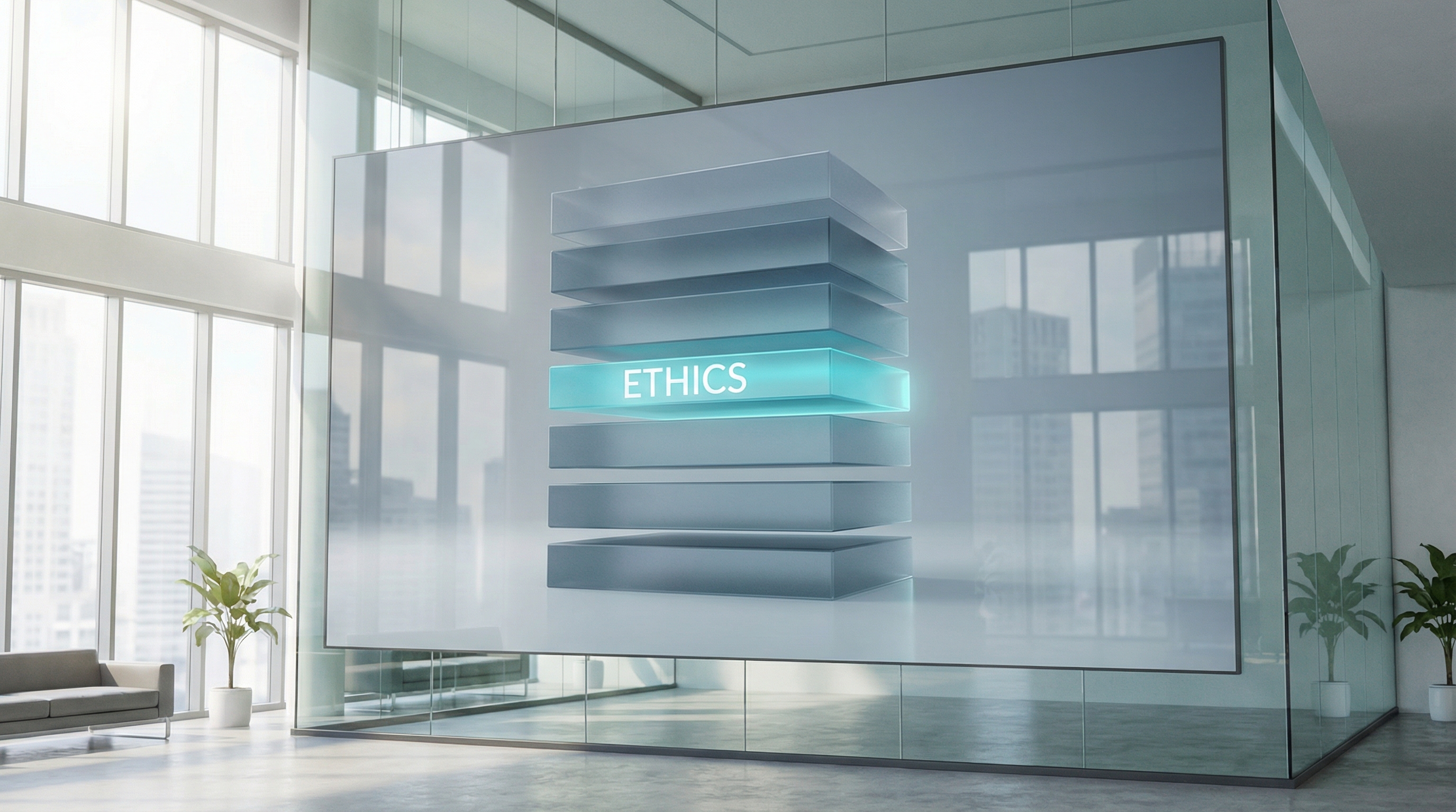 A glowing neon data stream passing through a translucent geometric shield, symbolizing ethical filtering. Set against a deep dark background with cyan and purple gradients, featuring glossy 3D textures and minimal abstract shapes.