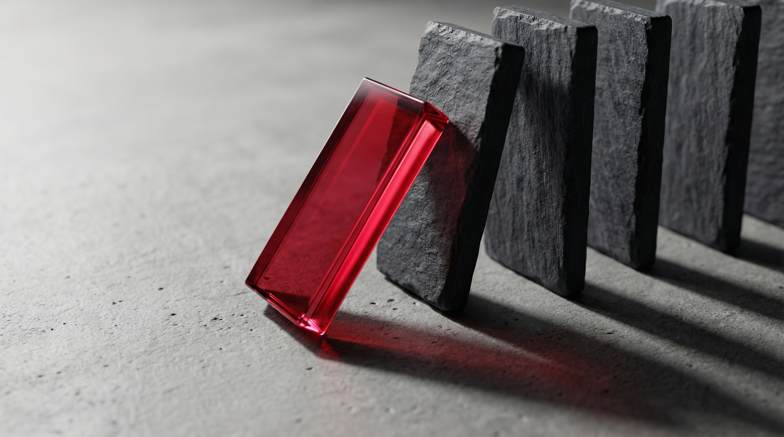 A fractured, glossy 3D geometric shape glowing with ominous red-to-purple neon gradients set in deep darkness. Symbolizes structural failure and broken trust. Sleek, minimal, abstract tech aesthetic.