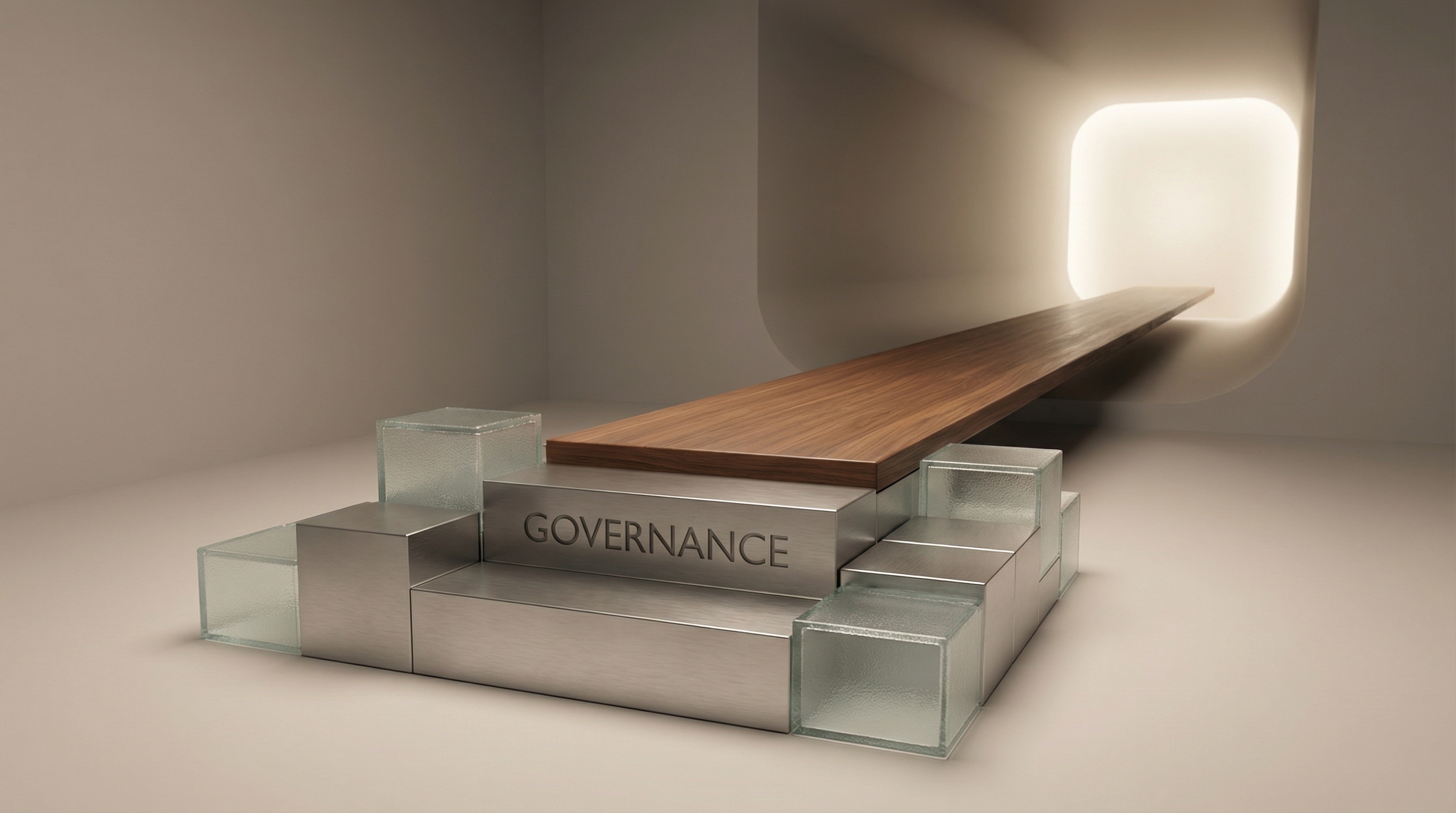 A sleek, illuminated pathway guided by structured neon grid walls moving through a dark void. High-gloss 3D textures with deep cyan and violet gradients. Minimalist abstract geometry symbolizing safe acceleration and ethical governance.