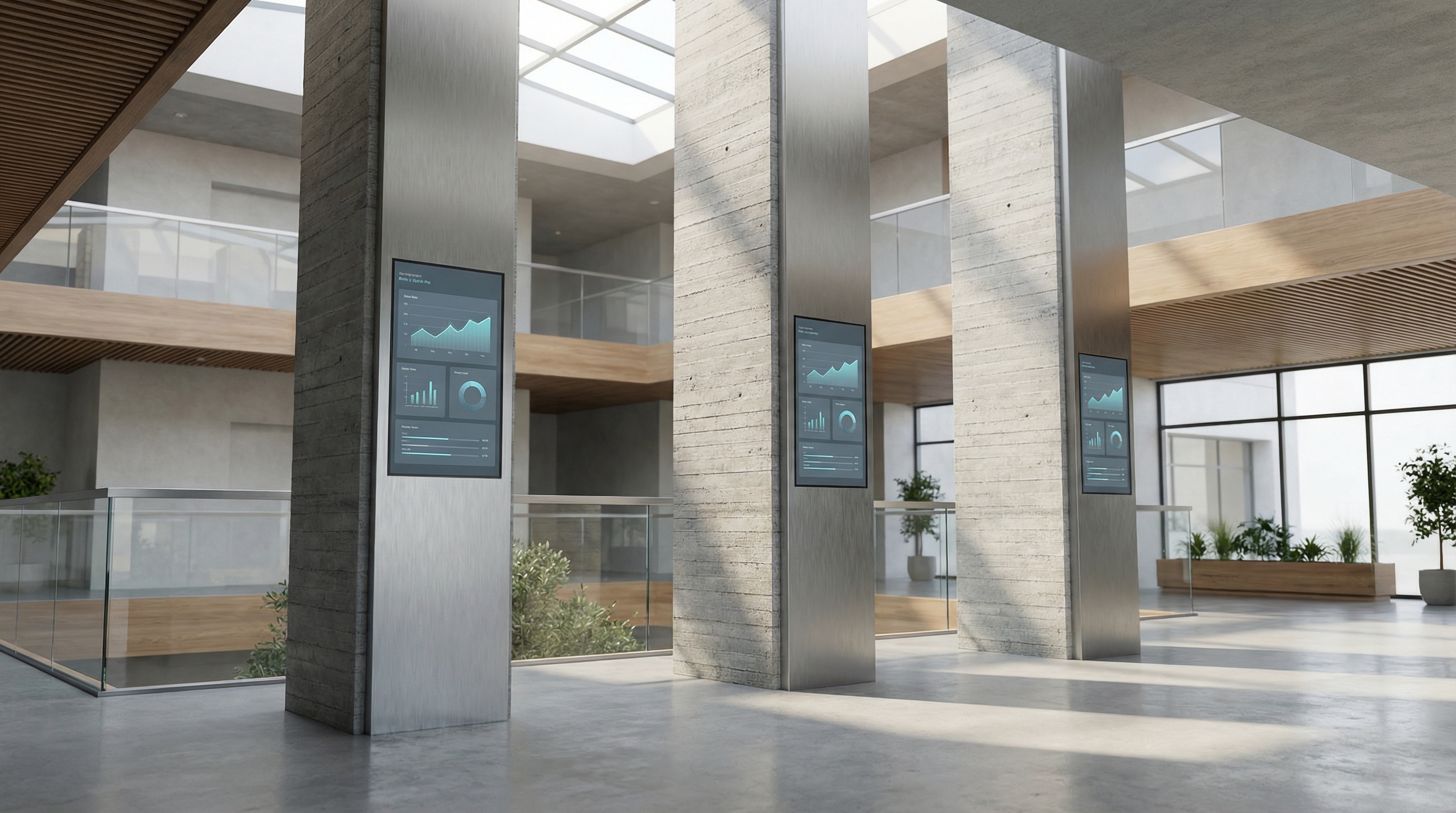 Abstract 3D render of glowing pillars rising from a dark surface. Neon cyan and violet gradients transform from rigid blocks into fluid light, representing the evolution of automation into digital intelligence. Sleek, minimal, dark tech aesthetic.