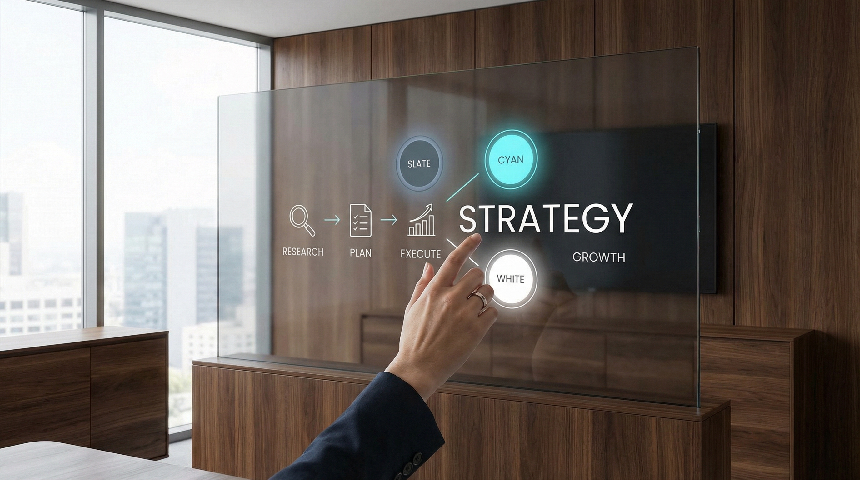 Four ascending, floating translucent blocks glowing with vibrant neon gradients against a deep black void. Connected by a sleek stream of light representing progress. High-gloss 3D textures, minimalist composition, and cinematic lighting.