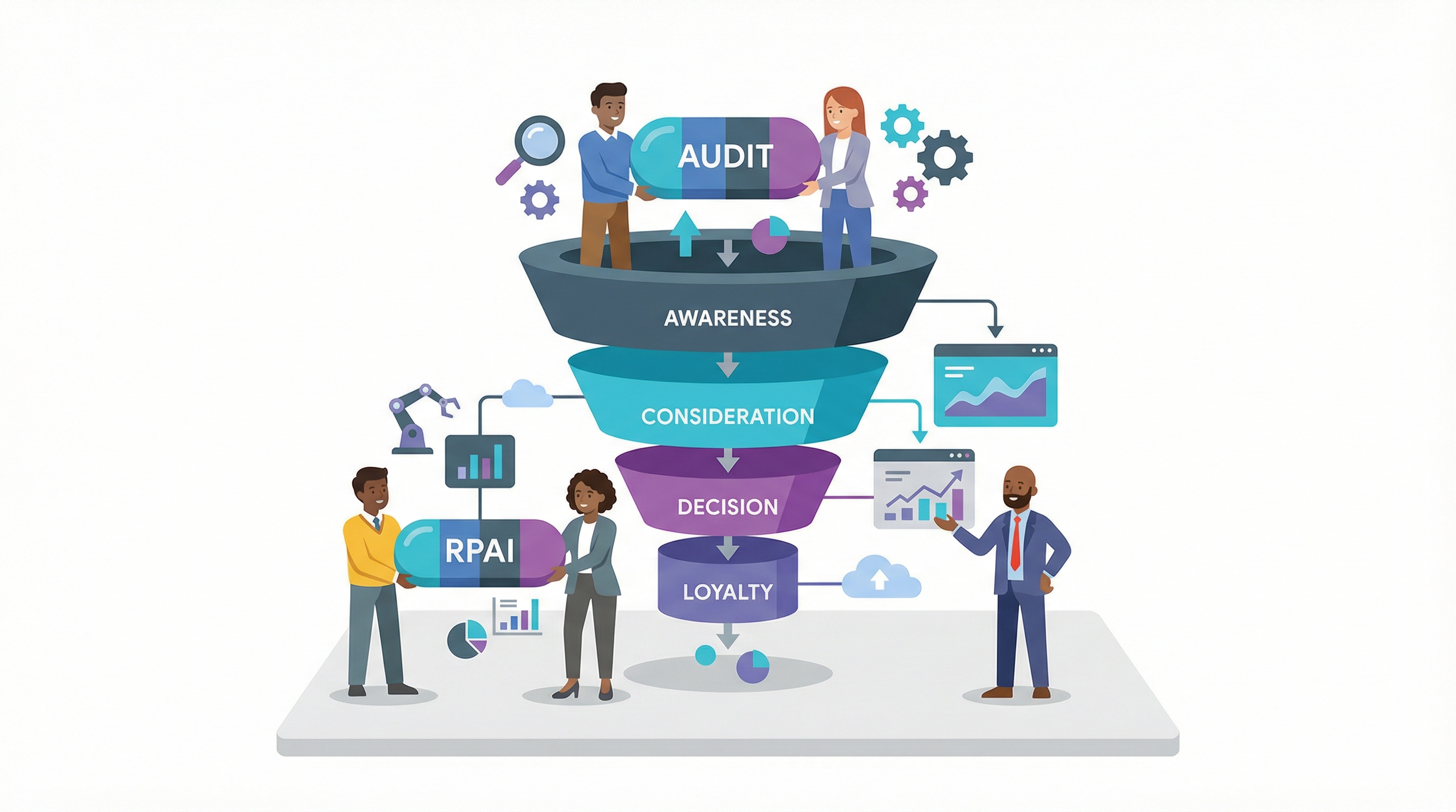Strategy framework diagram for sales funnel automation mapping the customer journey phases
