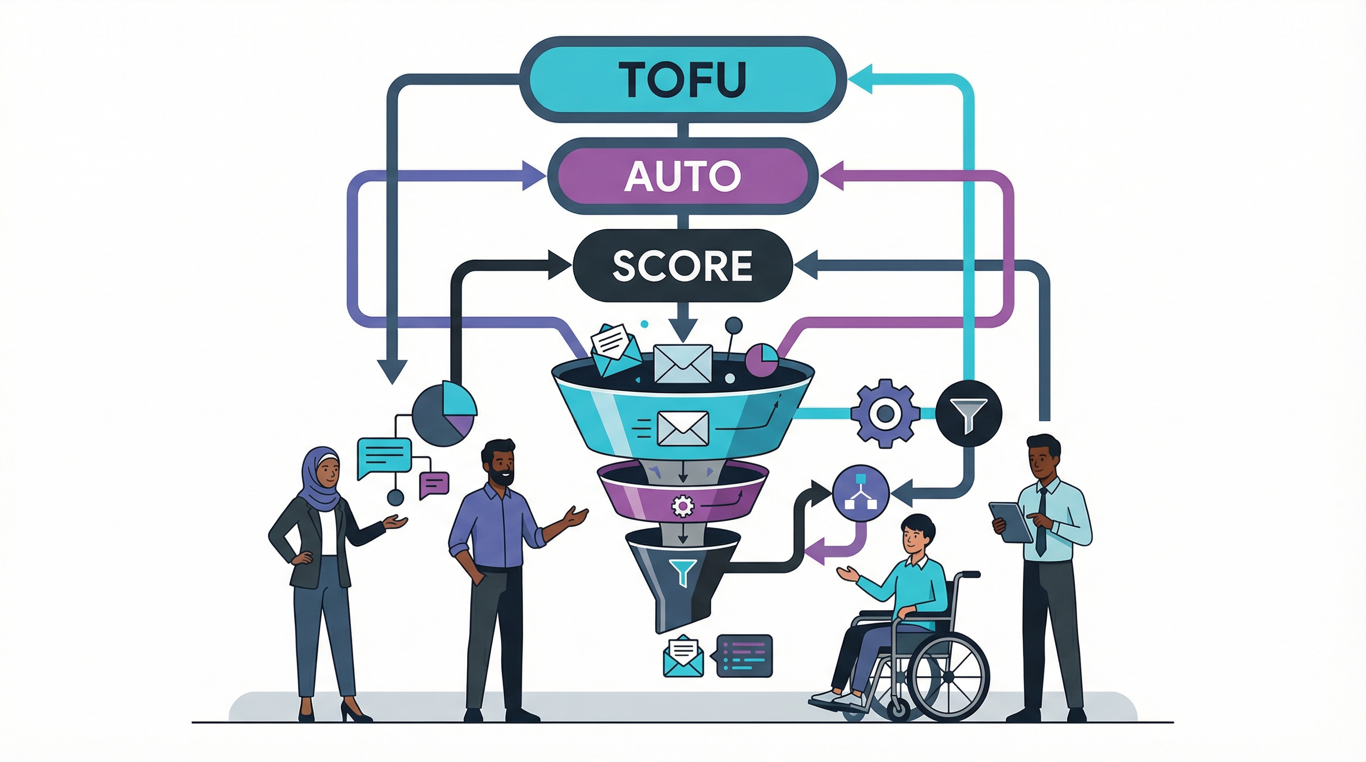 Sales funnel automation workflow demonstrating synthetic outreach for top-of-funnel intent